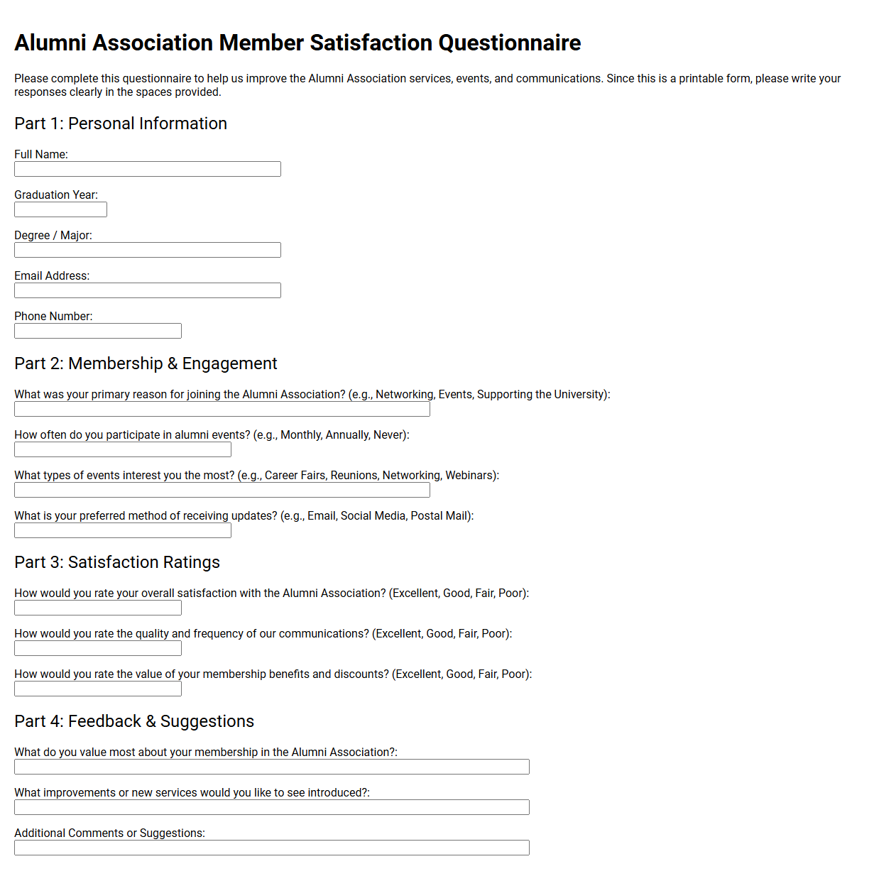 Alumni Association Member Satisfaction Questionnaire