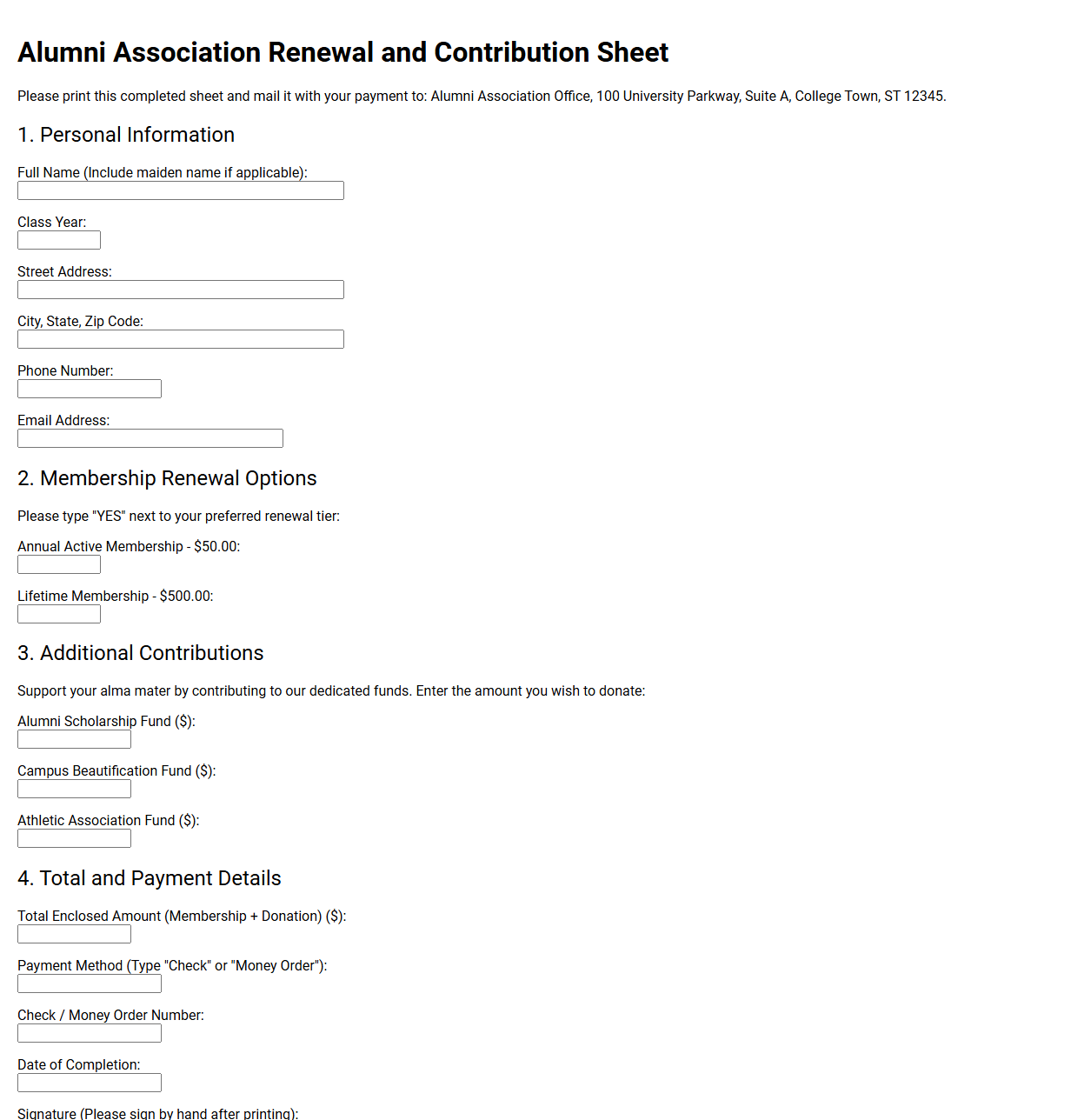 Alumni Association Renewal and Contribution Sheet