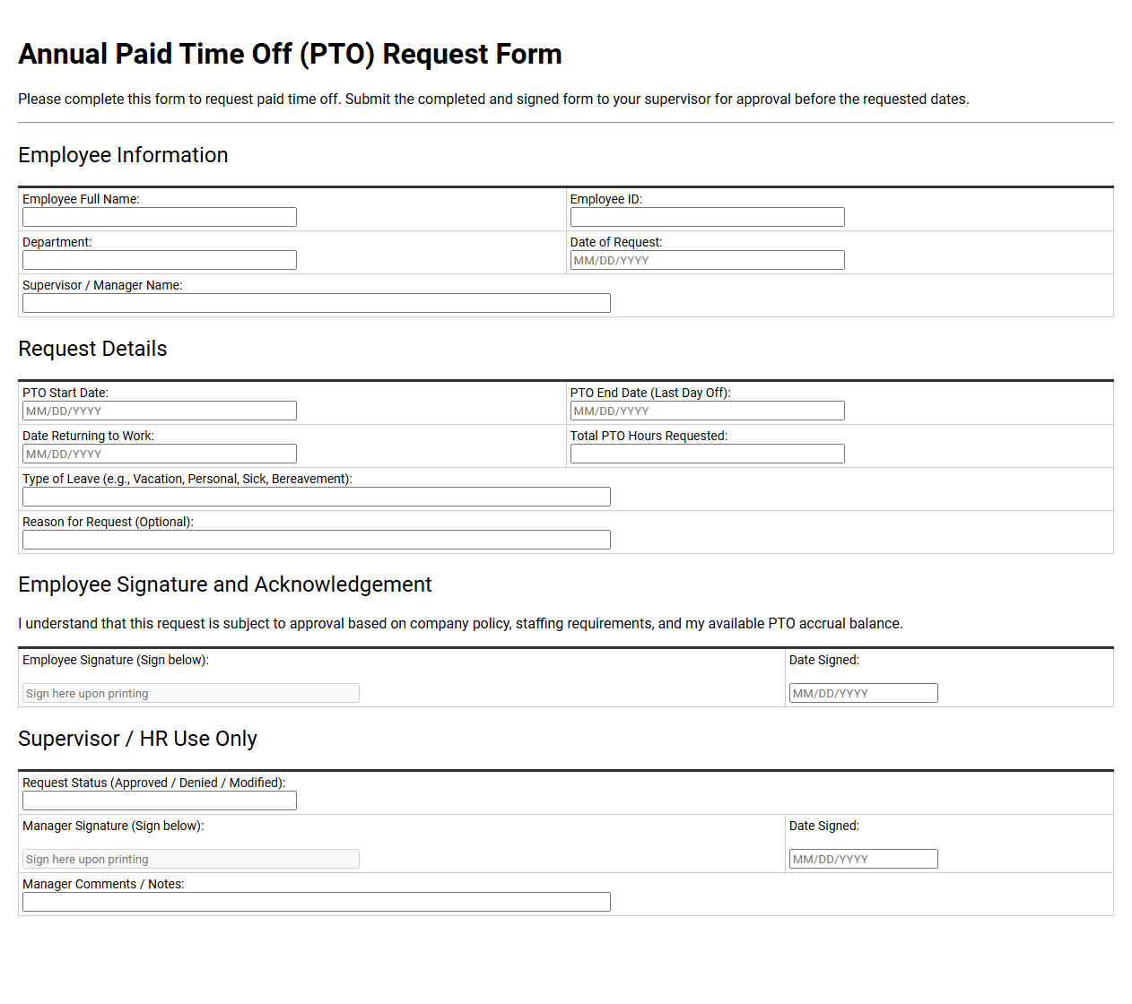 Annual Paid Time Off Request Form Template
