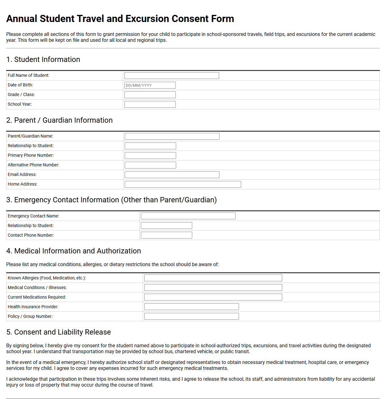 Annual Student Travel and Excursion Consent Form