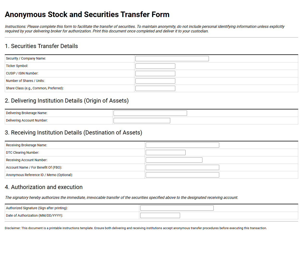 Anonymous Stock and Securities Transfer Form
