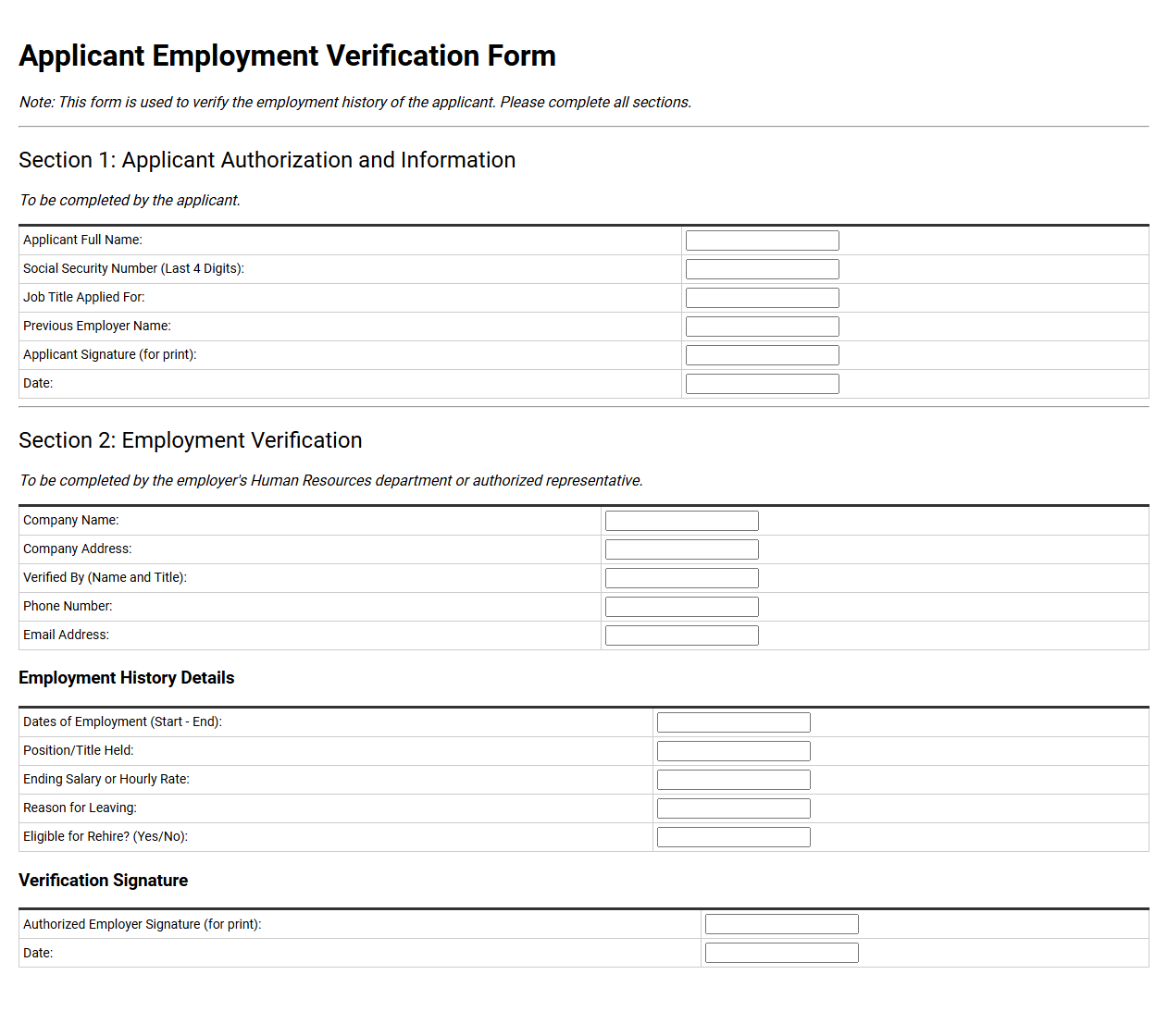 Applicant Employment Verification Form