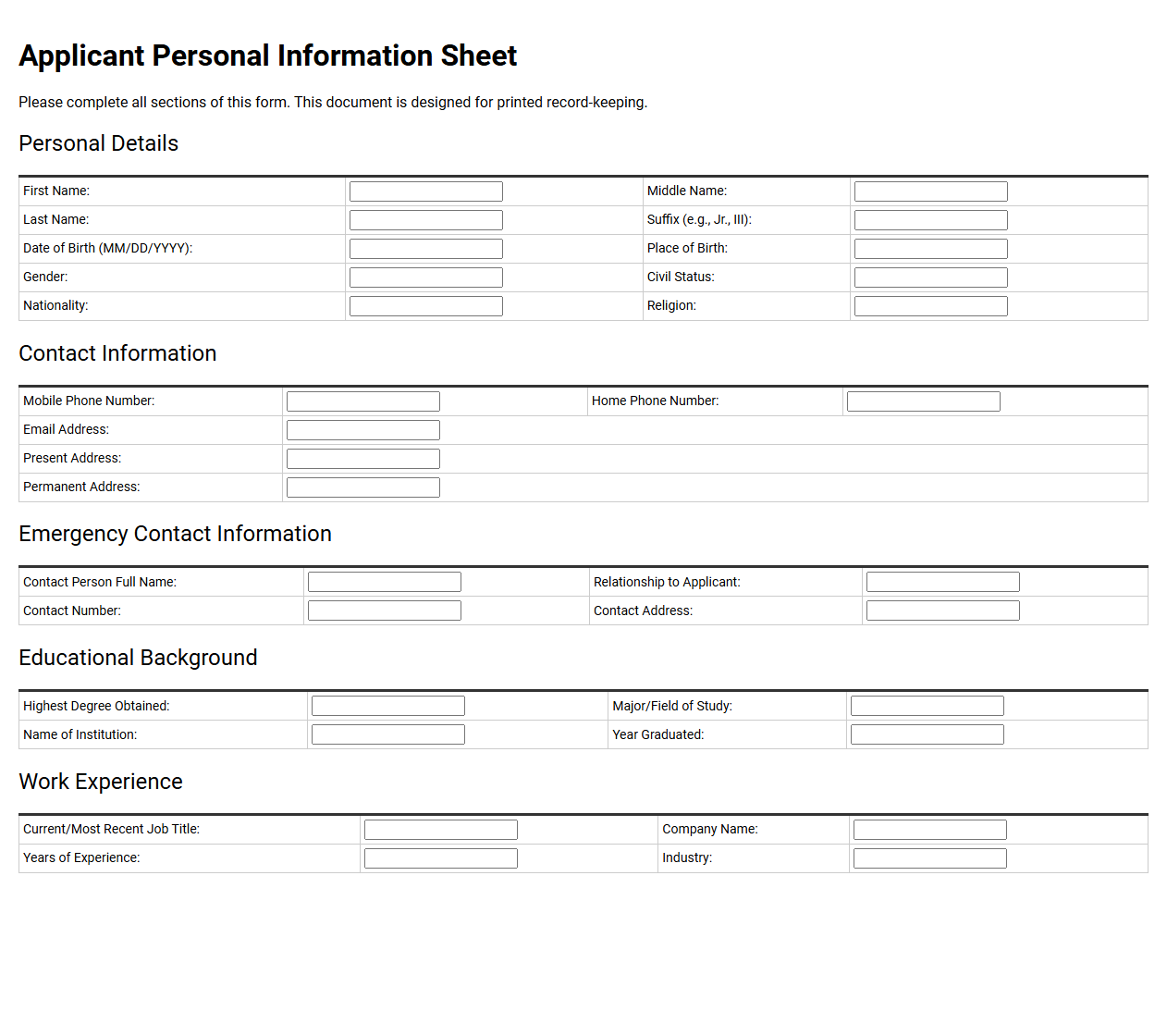 Applicant Personal Information Sheet