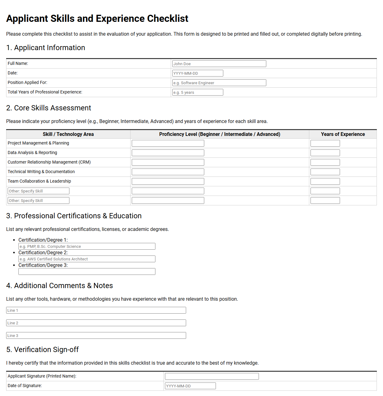 Applicant Skills and Experience Checklist