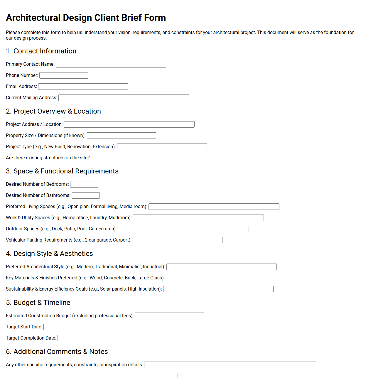 Architectural Design Client Brief Form