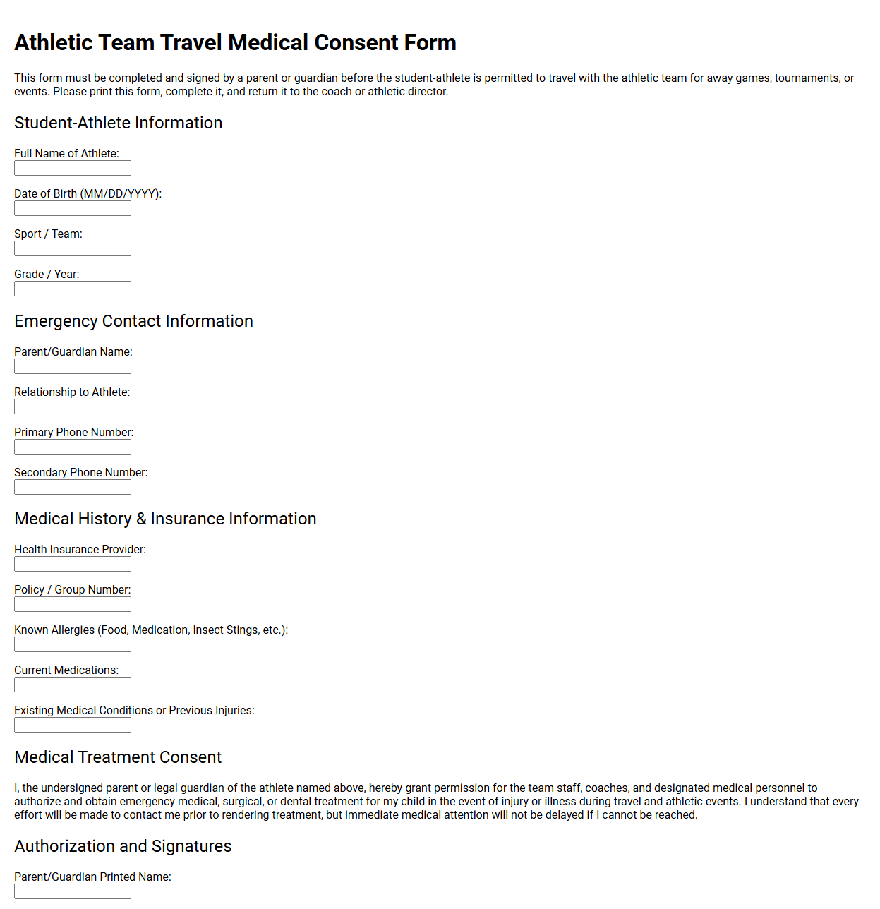 Athletic Team Travel Medical Consent Form