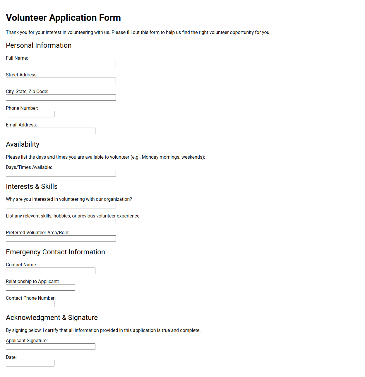 Basic Volunteer Application Form Template