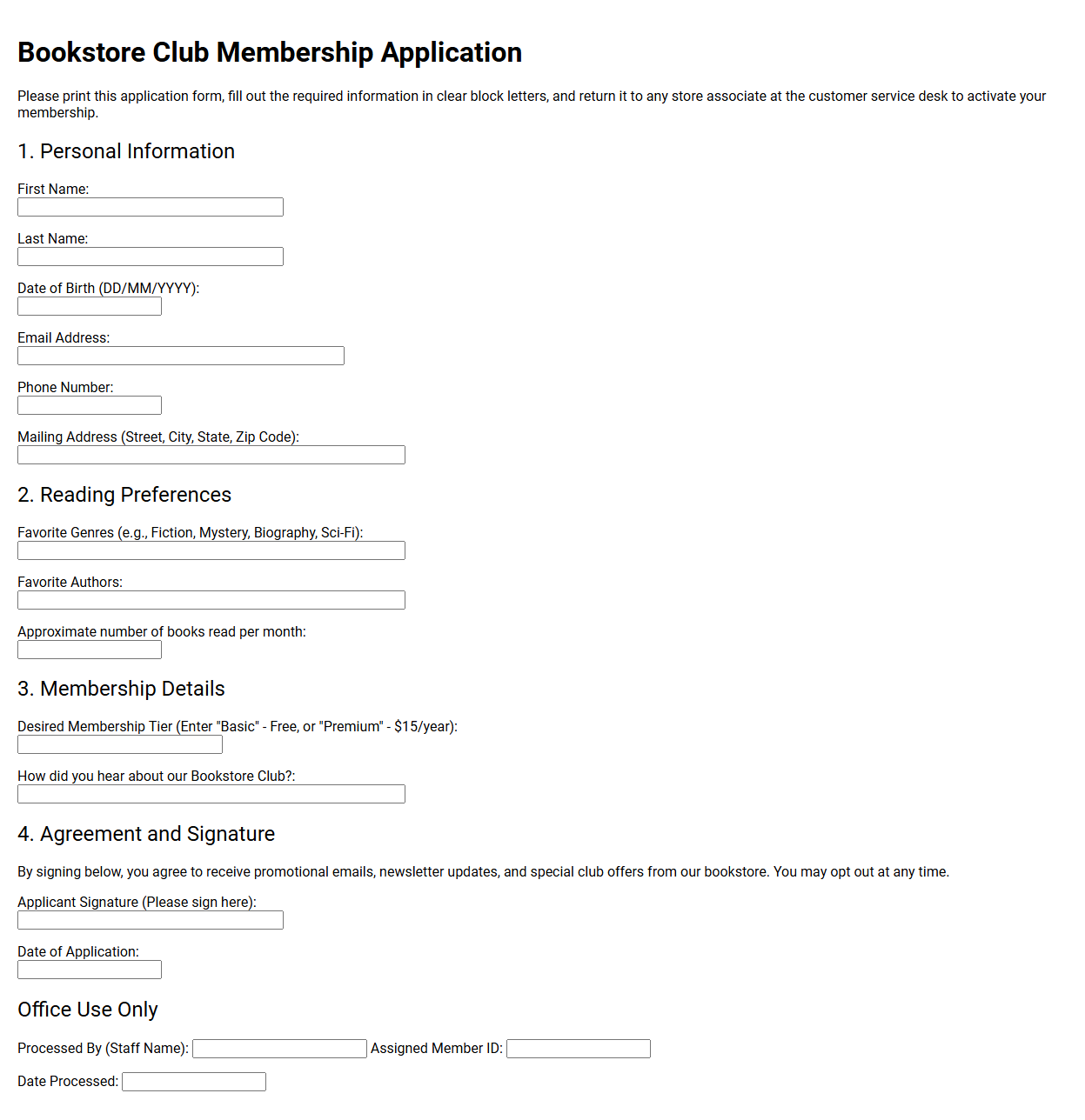 Bookstore Club Membership Application Template
