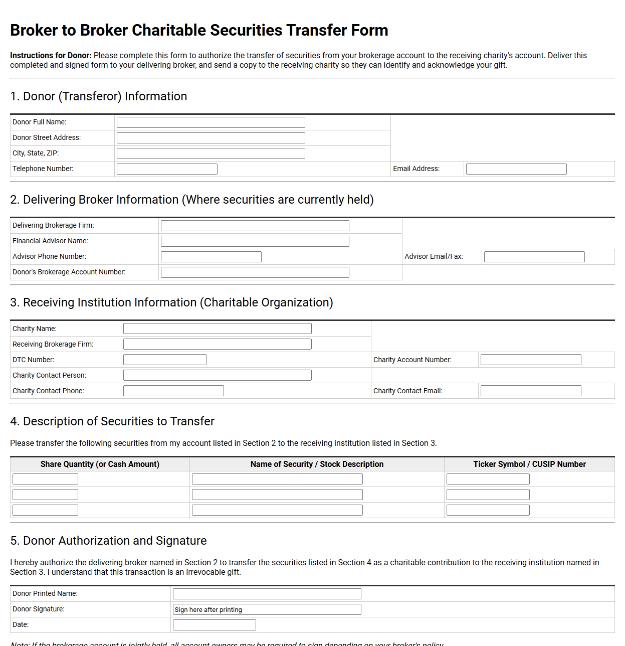 Broker to Broker Charitable Securities Transfer Form