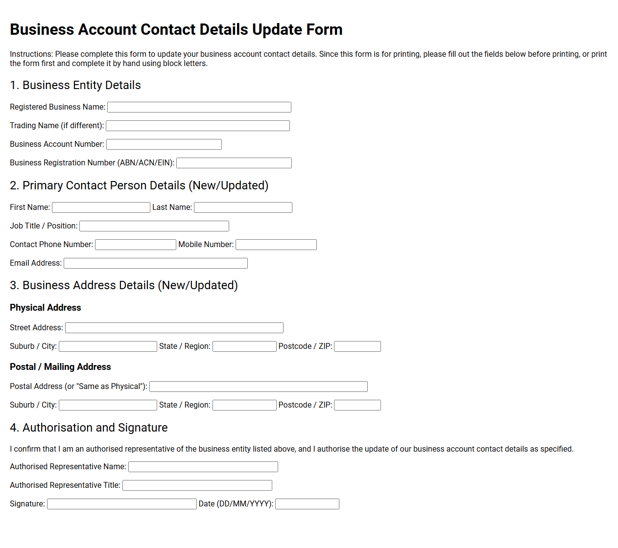 Business Account Contact Details Update Form