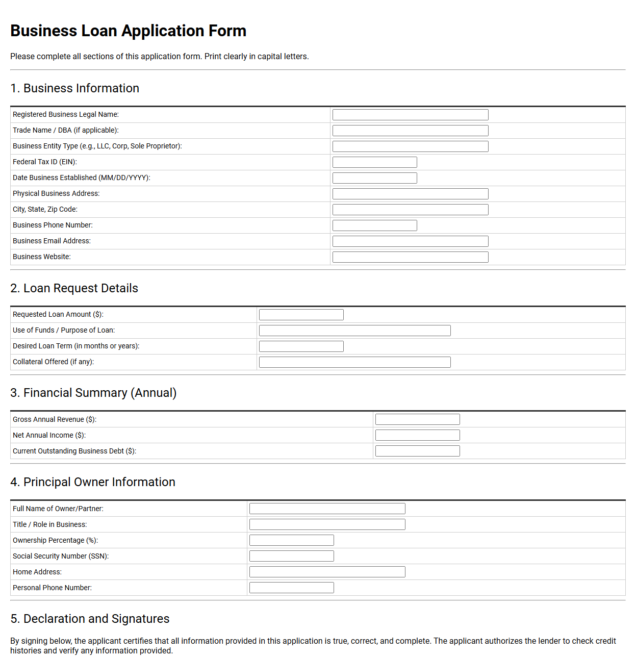 Business Loan Application Form Template