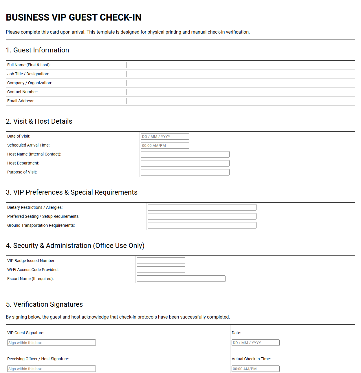 Business VIP Guest Check In Template
