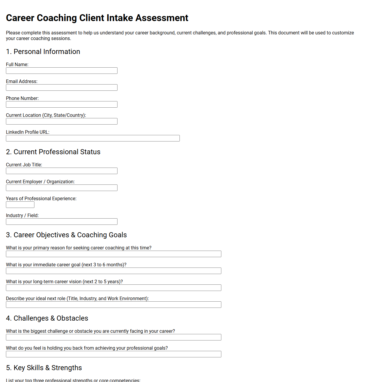 Career Coaching Client Intake Assessment
