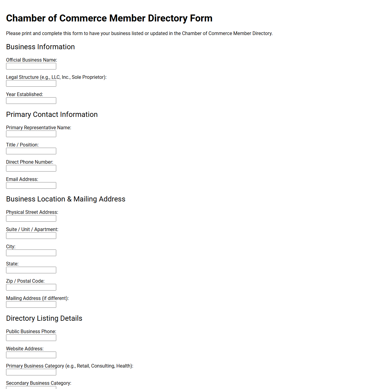Chamber of Commerce Member Directory Form