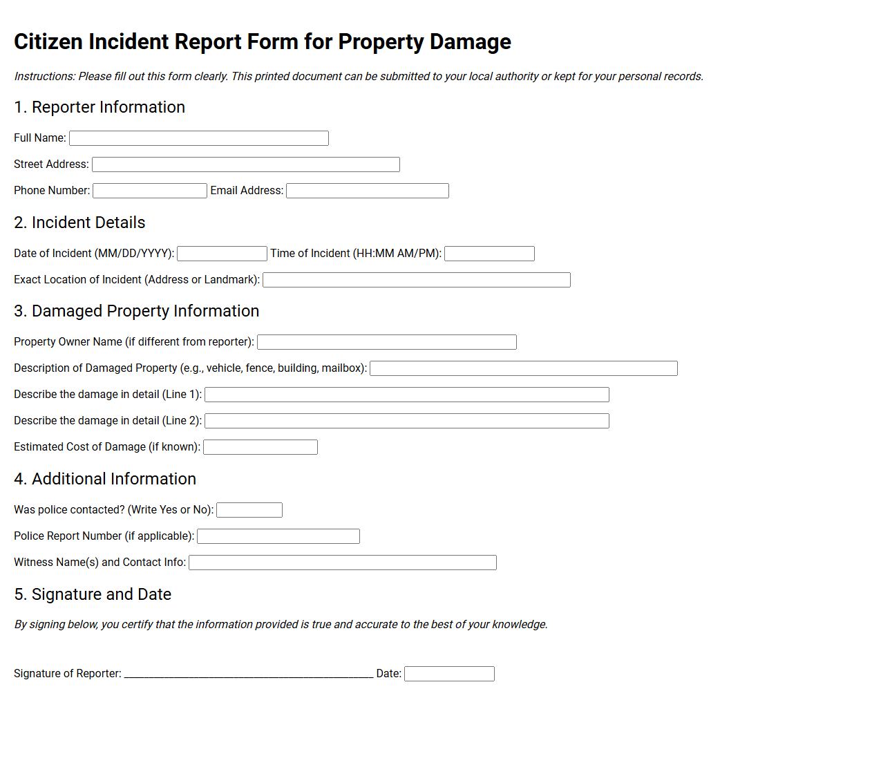 Citizen Incident Report Form for Property Damage