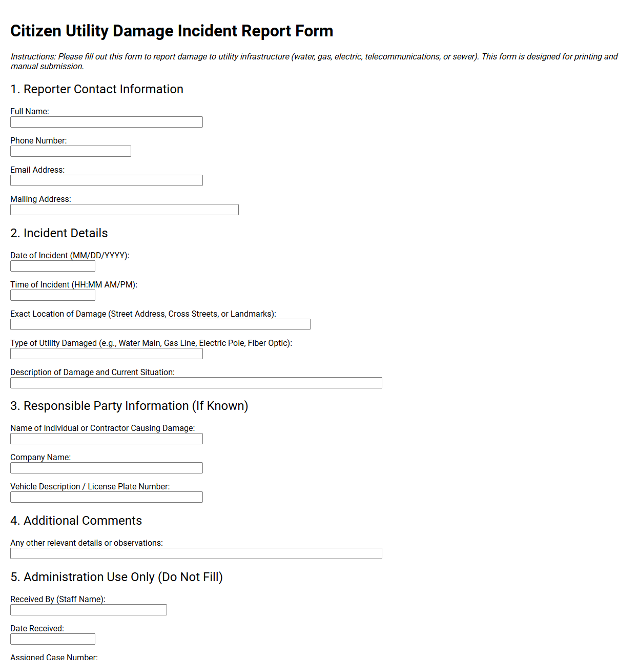Citizen Utility Damage Incident Report Form