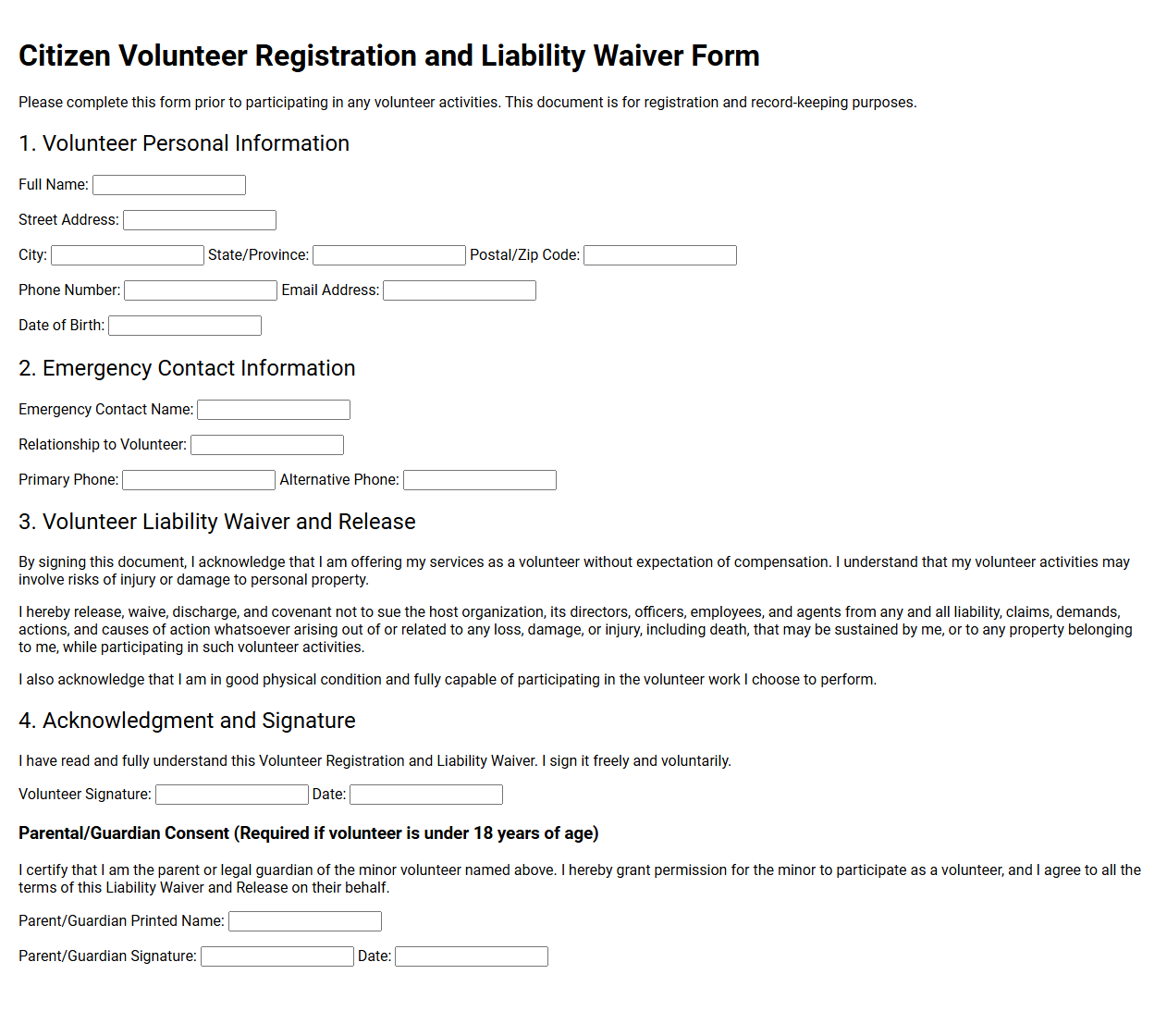 Citizen Volunteer Registration and Liability Waiver Form
