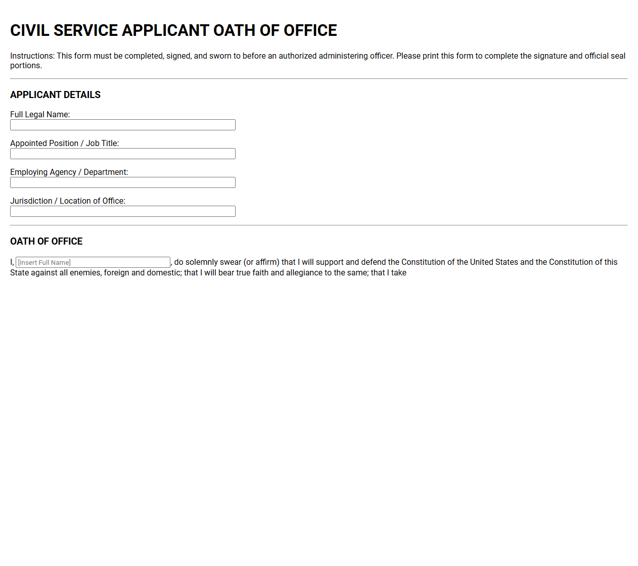 Civil Service Applicant Oath of Office Form
