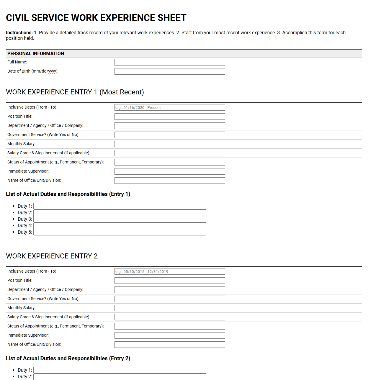 Civil Service Work Experience Sheet