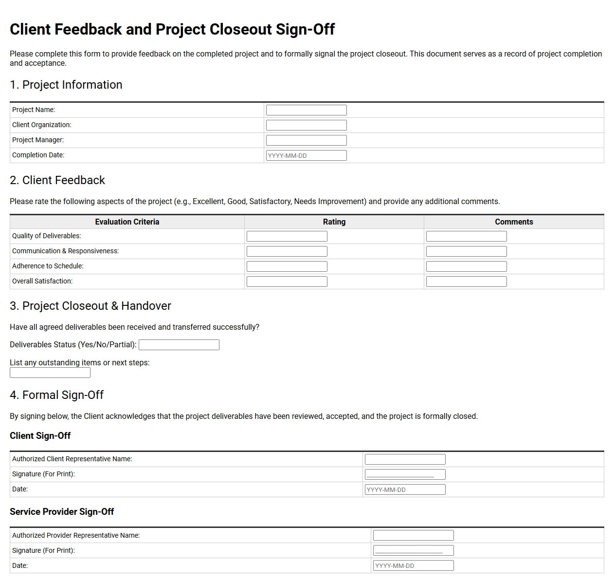 Client Feedback and Project Closeout Sign-Off