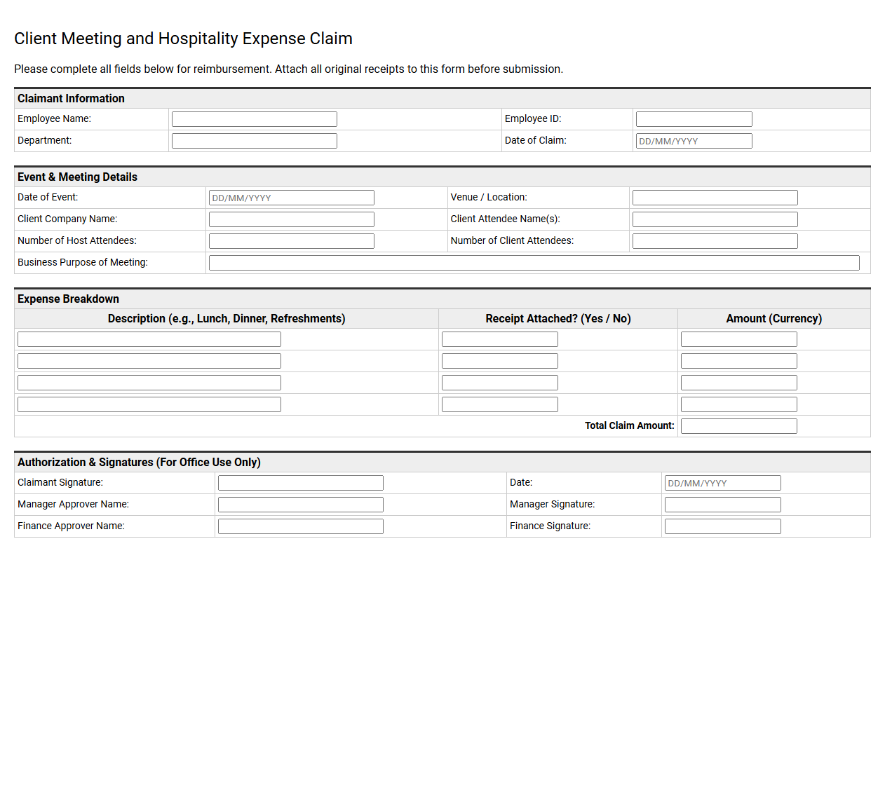 Client Meeting and Hospitality Expense Claim