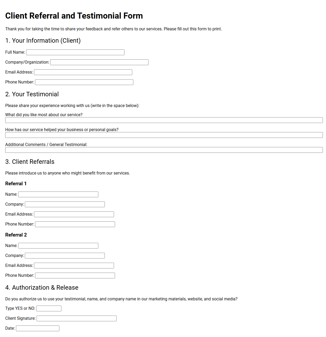 Client Referral and Testimonial Form