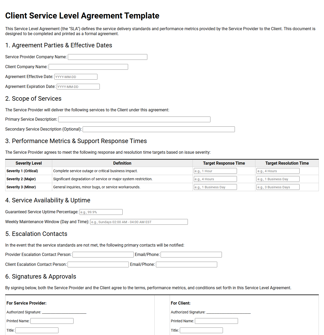 Client Service Level Agreement Template