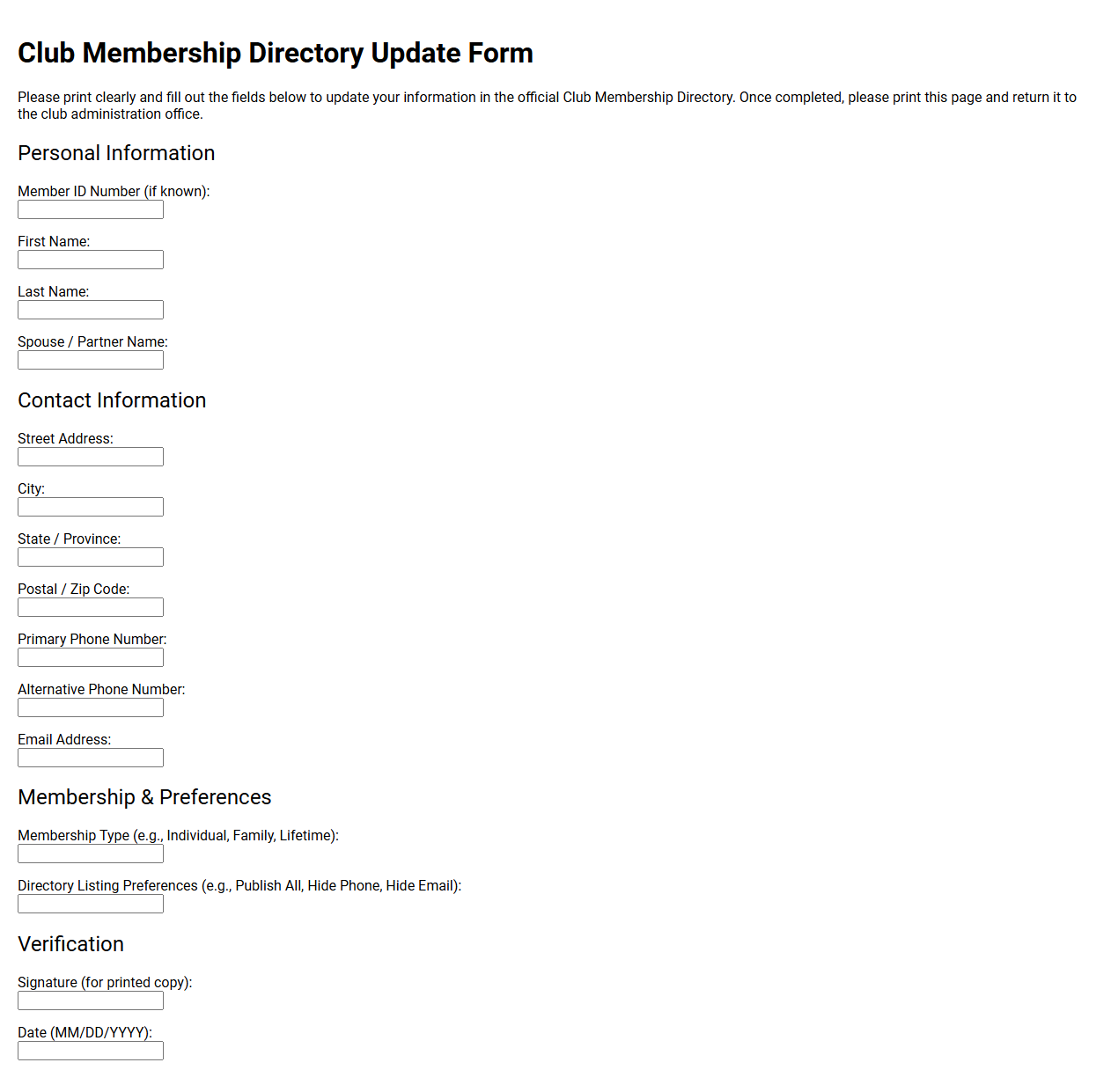 Club Membership Directory Update Form