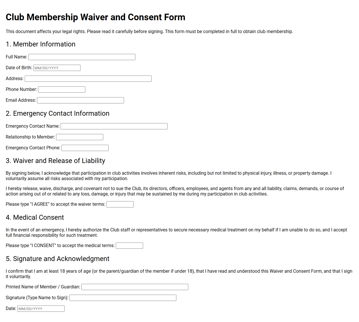 Club Membership Waiver and Consent Form