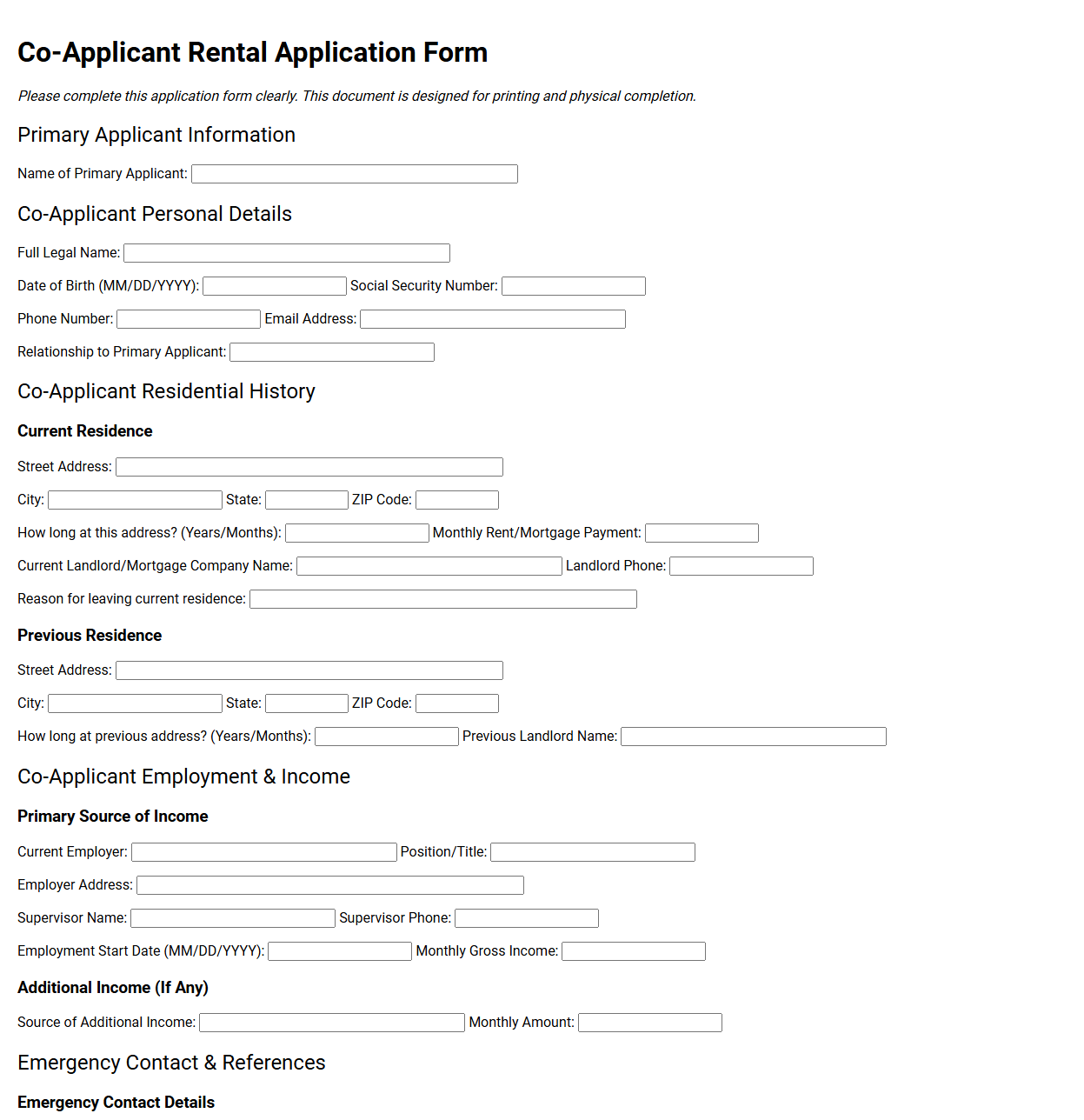 Co-Applicant Rental Application Form