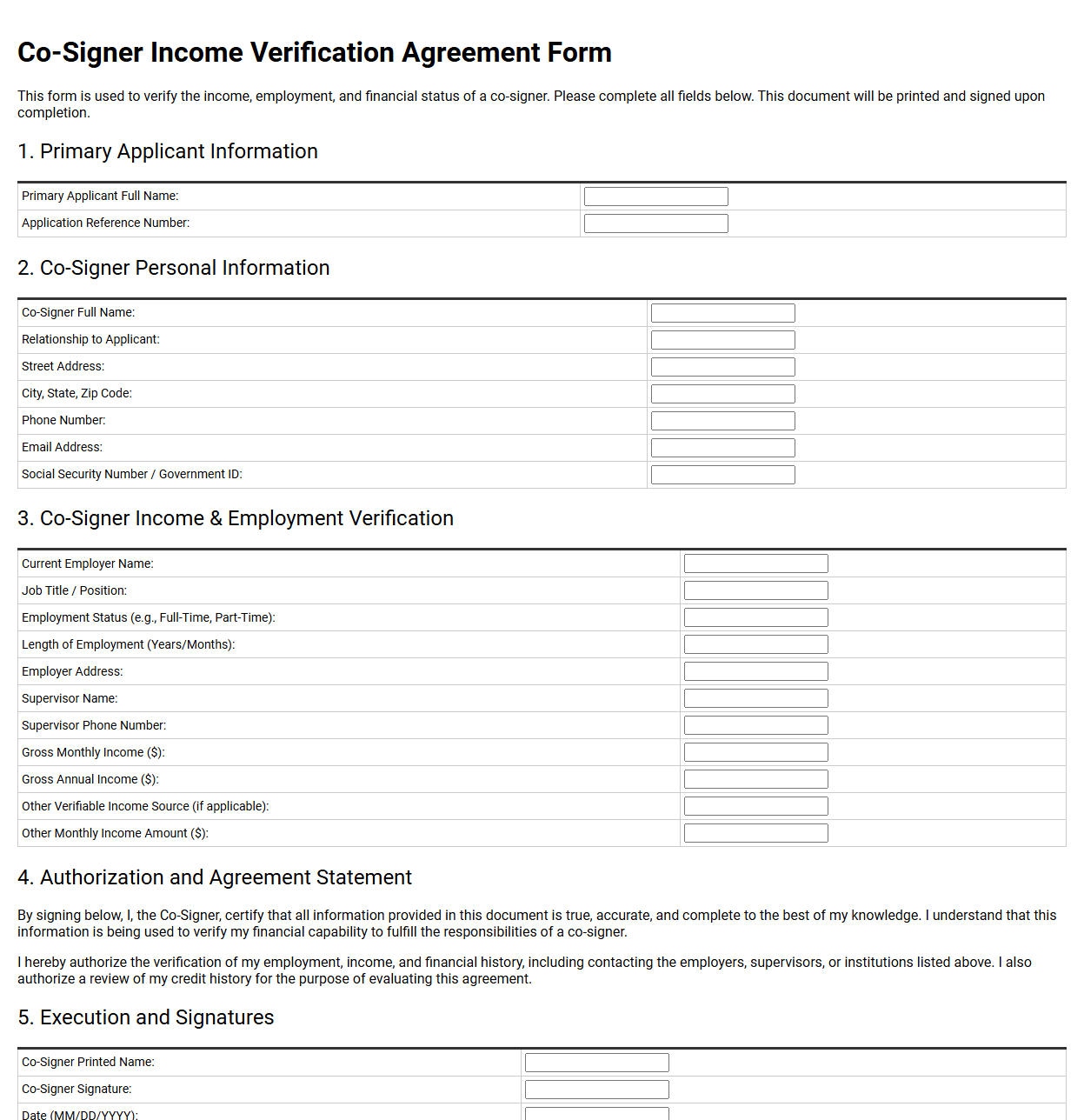 Co Signer Income Verification Agreement Form
