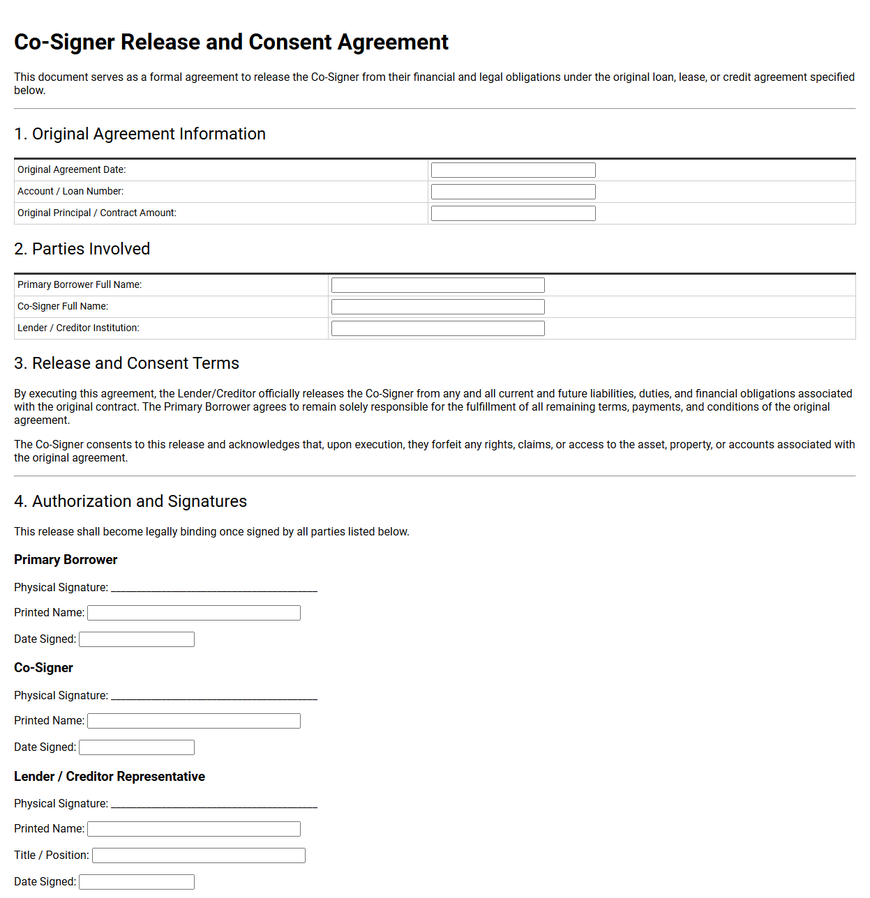 Co-Signer Release and Consent Template