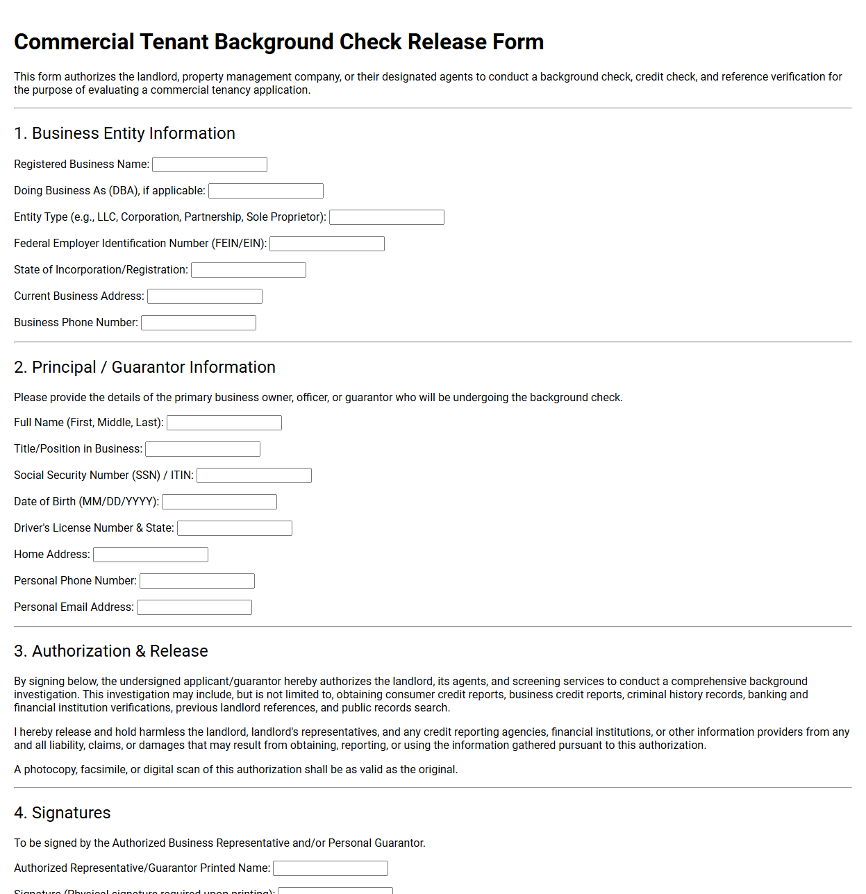 Commercial Tenant Background Check Release Form