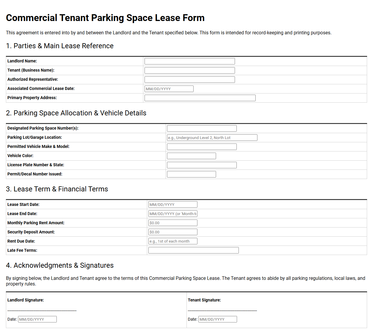 Commercial Tenant Parking Space Lease Form