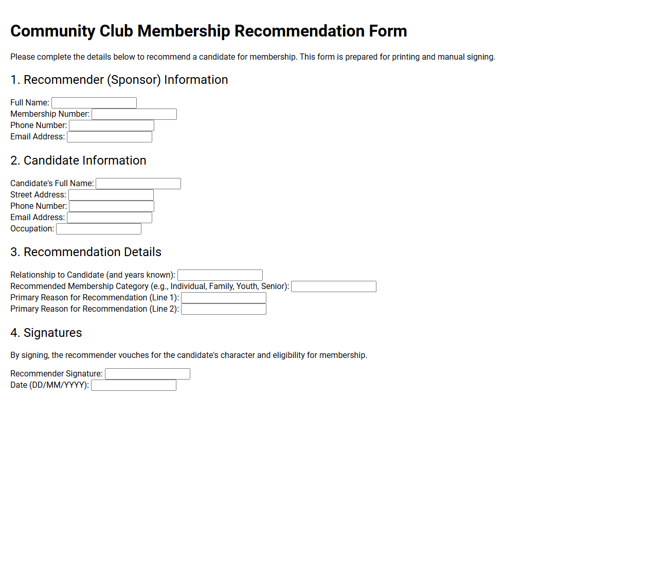 Community Club Membership Recommendation Form