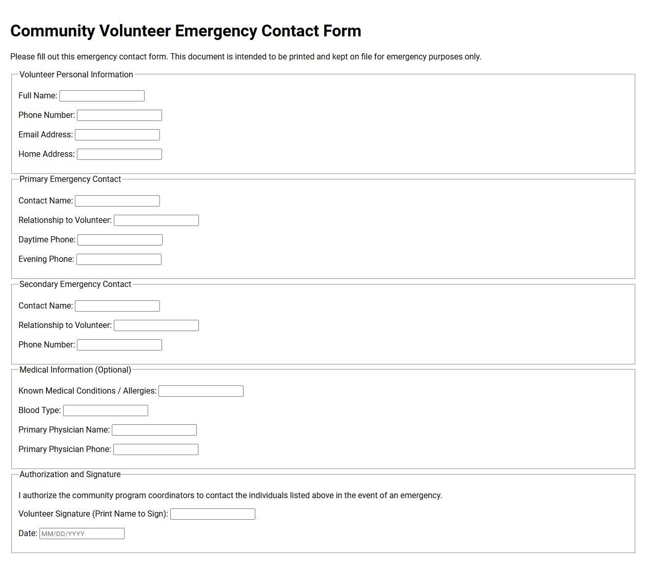 Community Volunteer Emergency Contact Form