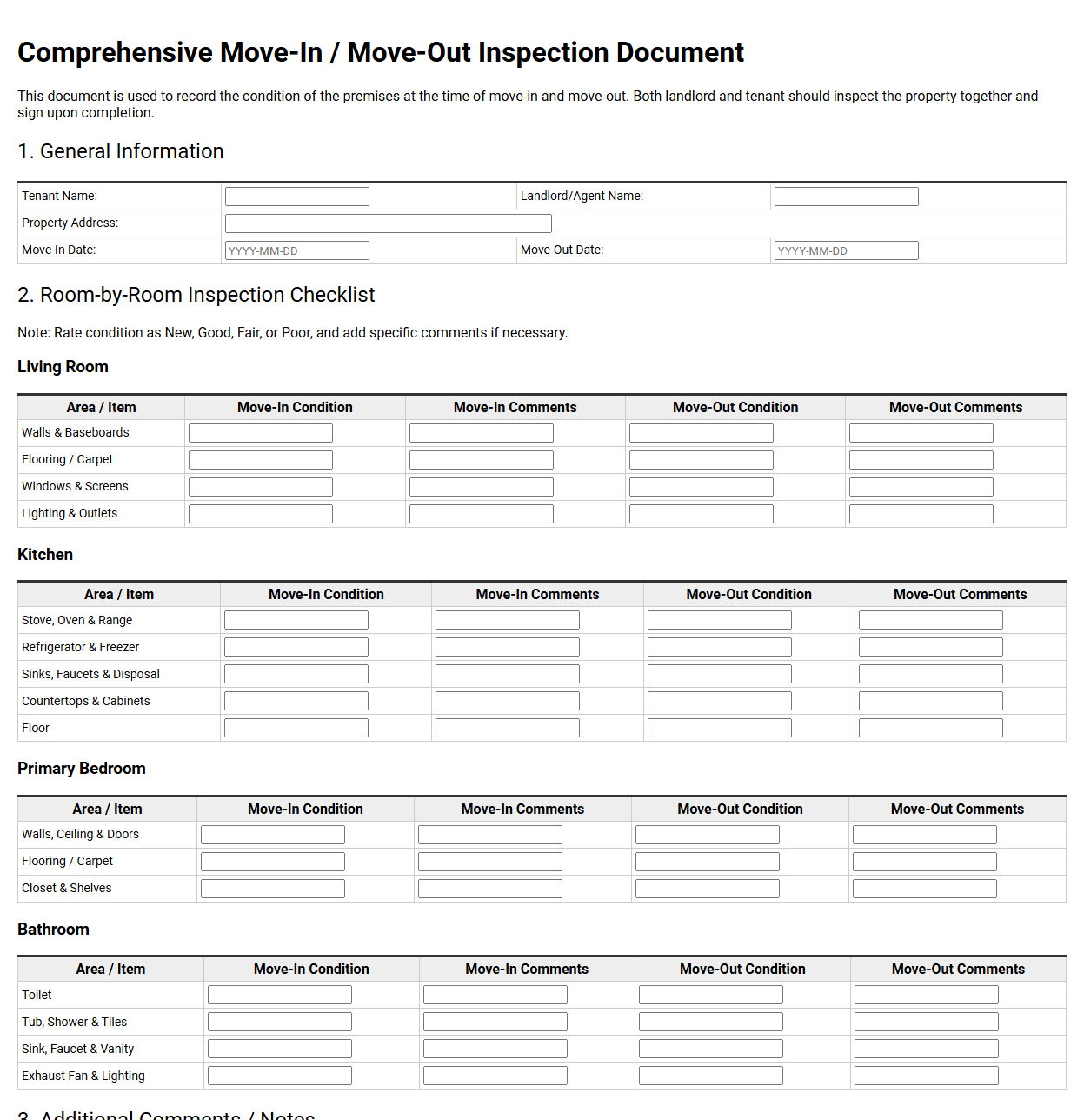 Comprehensive Move-In Move-Out Inspection Document