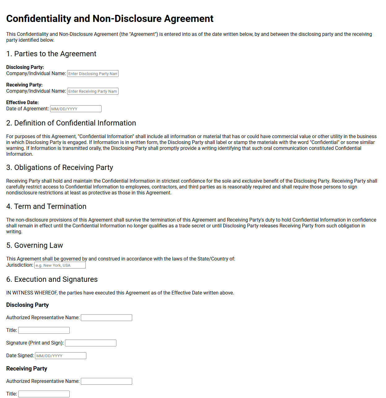 Confidentiality and Non-Disclosure Agreement