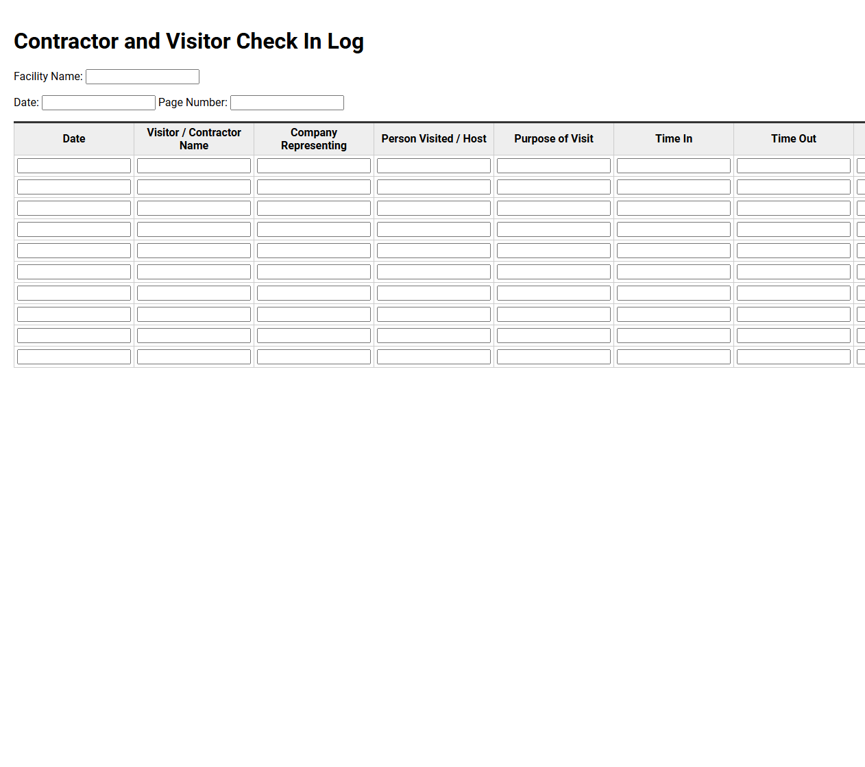 Contractor and Visitor Check In Log