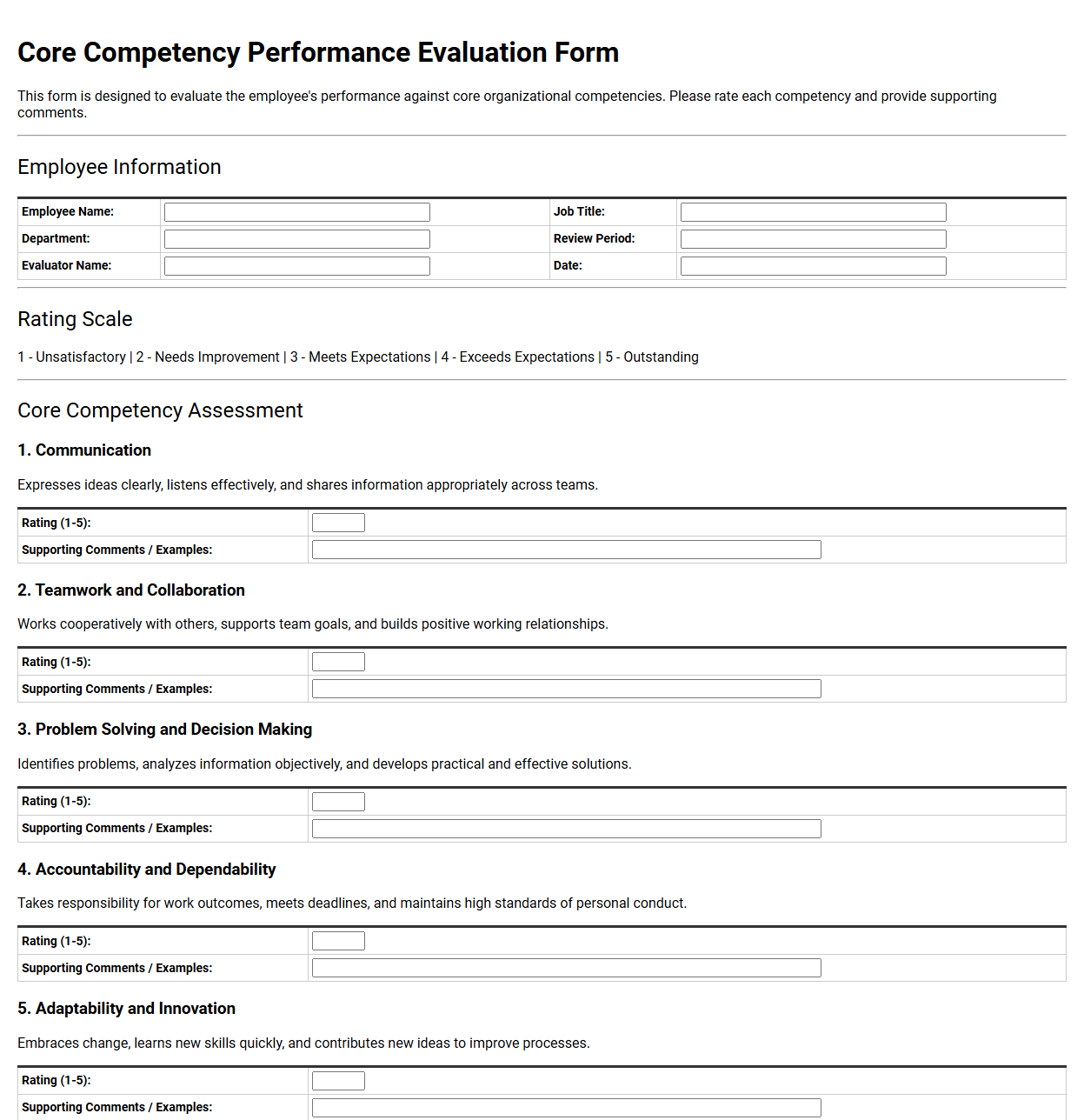 Core Competency Performance Evaluation Form