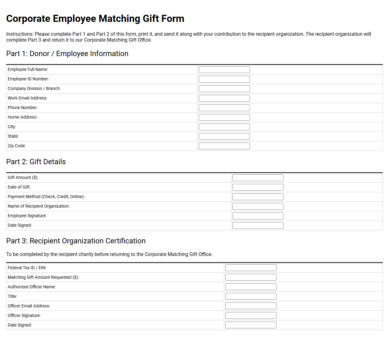 Corporate Employee Matching Gift Form