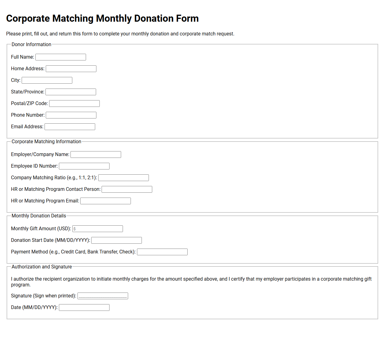 Corporate Matching Monthly Donation Form