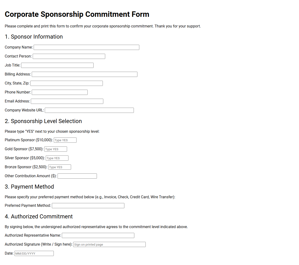 Corporate Sponsorship Commitment Form