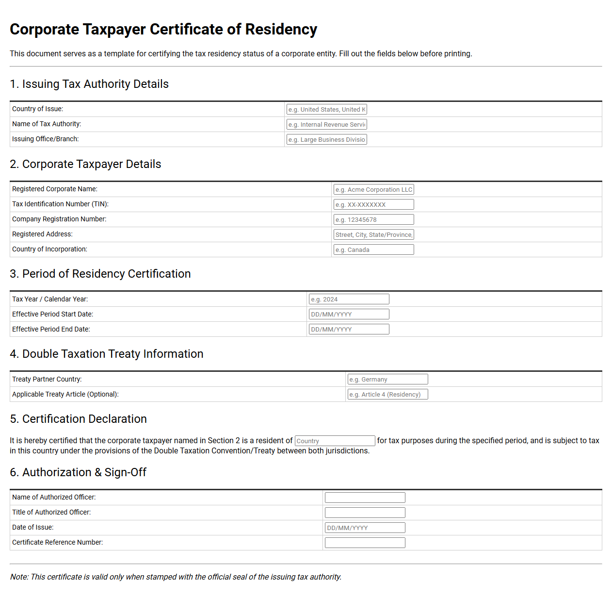 Corporate Taxpayer Certificate of Residency Template