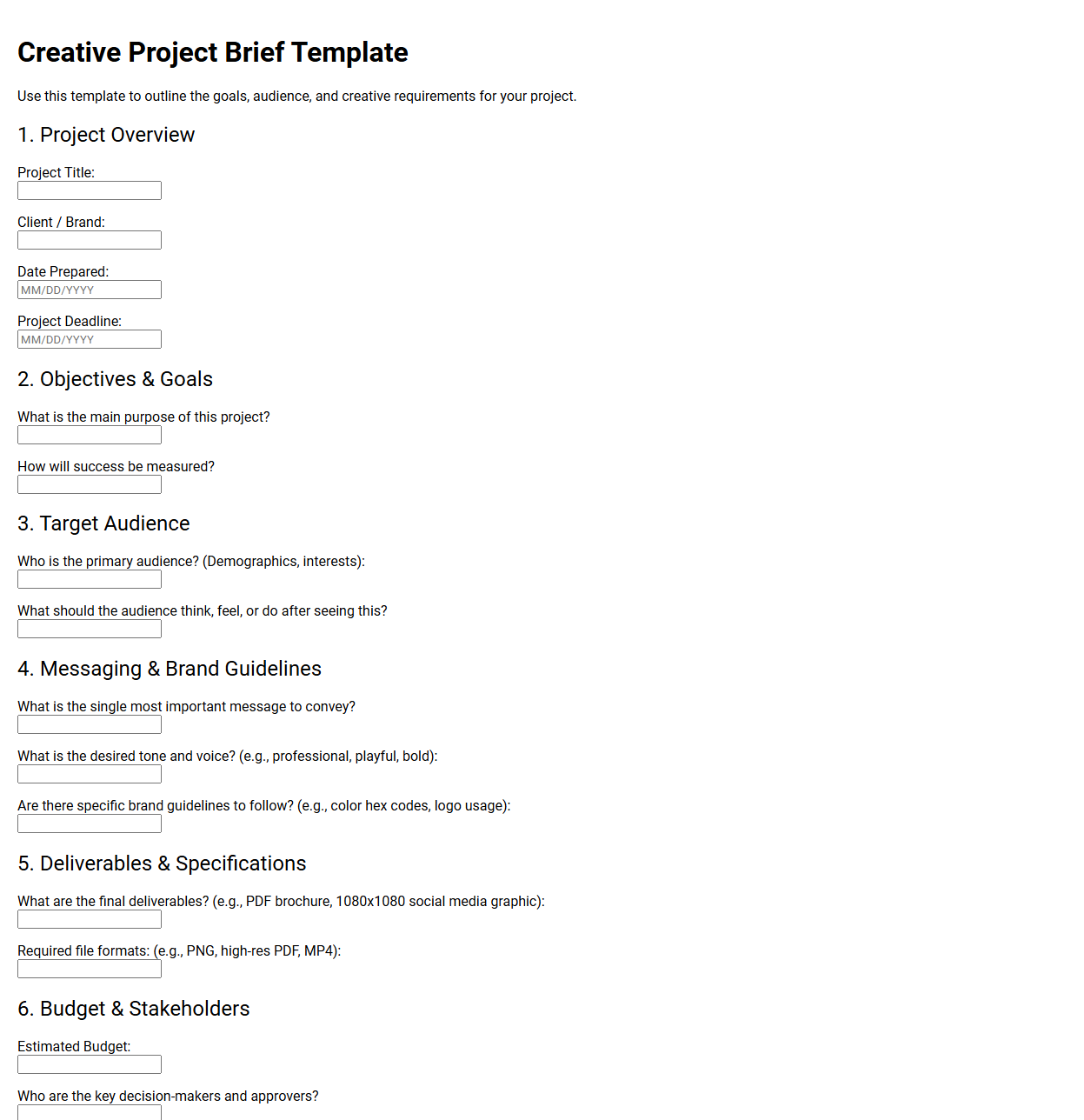 Creative Project Brief Template