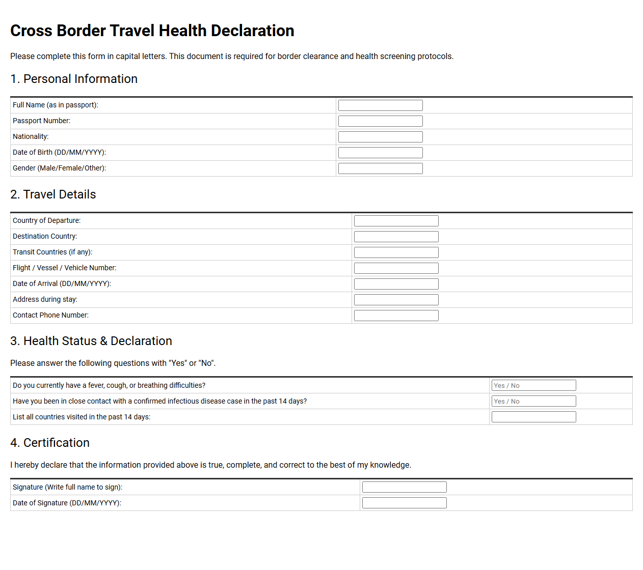 Cross Border Travel Health Declaration Template
