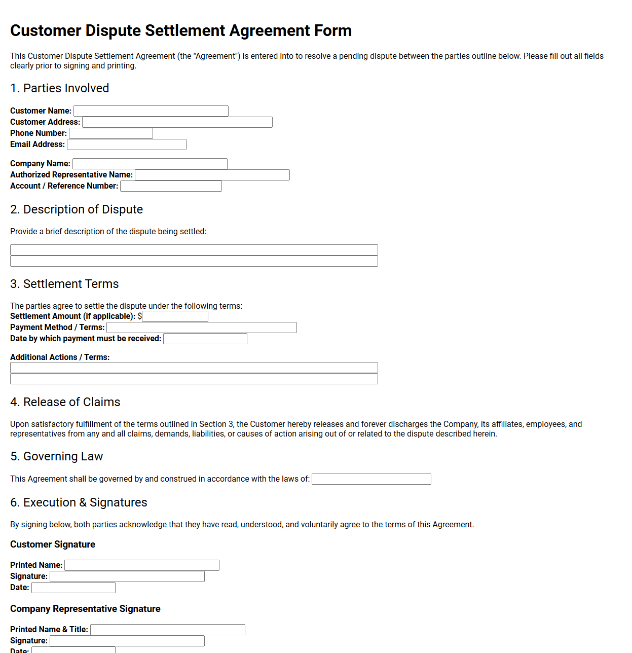 Customer Dispute Settlement Agreement Form