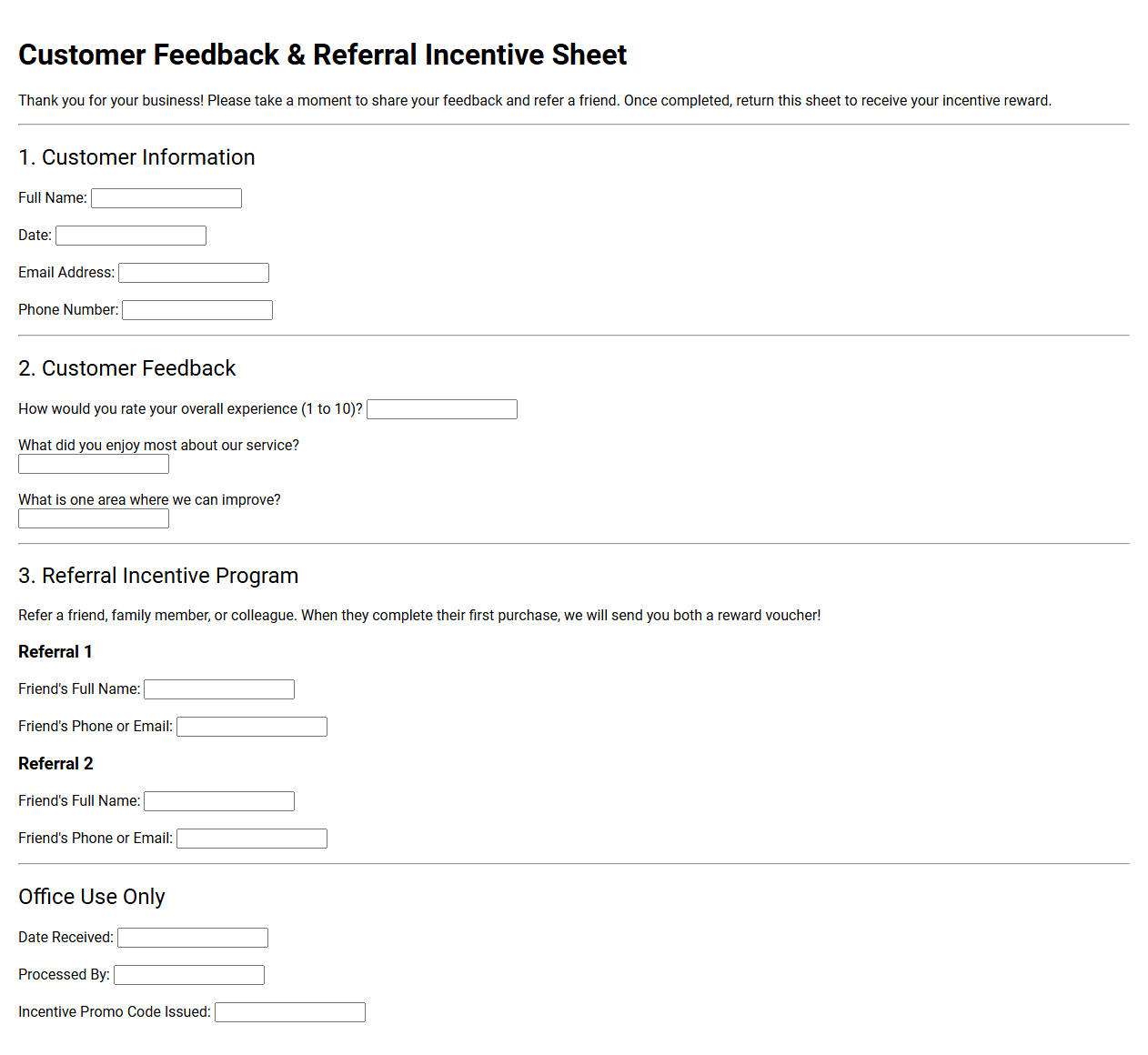 Customer Feedback and Referral Incentive Sheet
