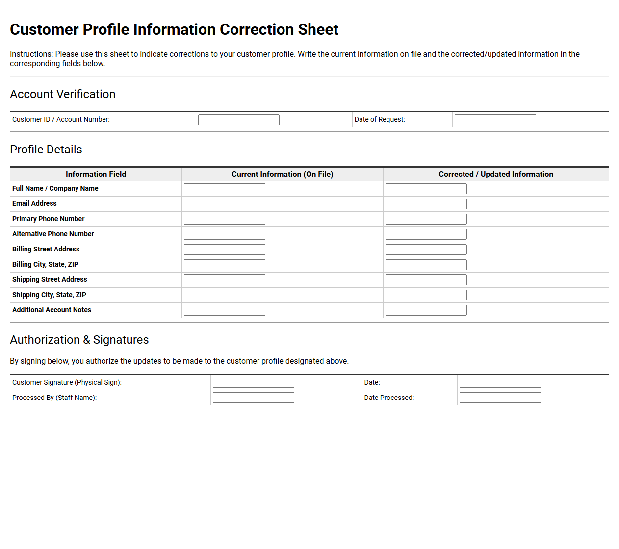 Customer Profile Information Correction Sheet