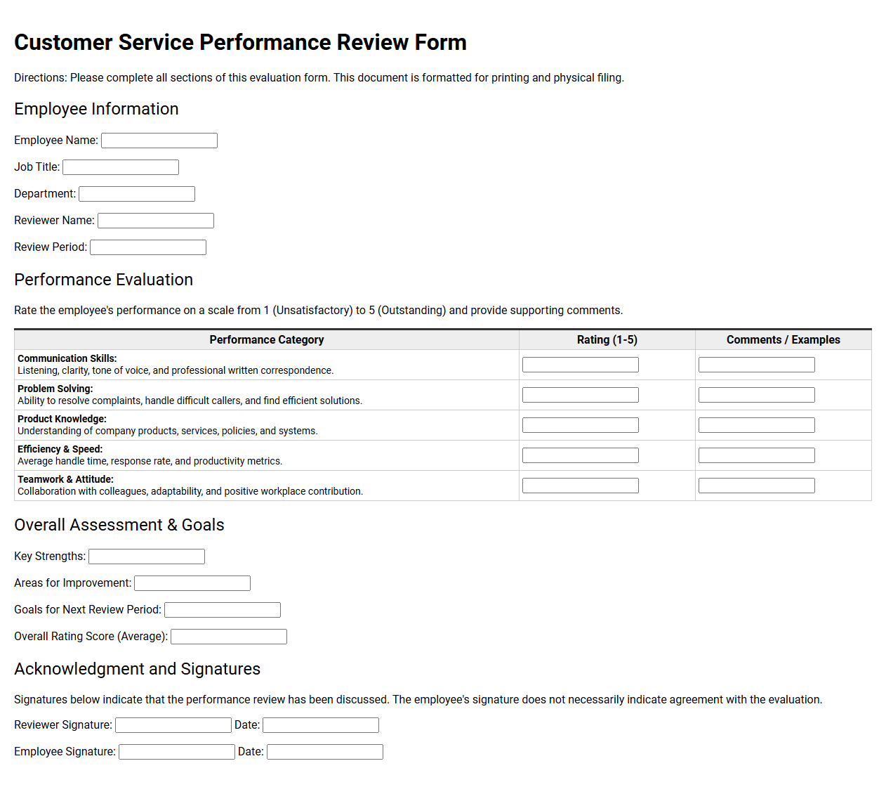 Customer Service Performance Review Form